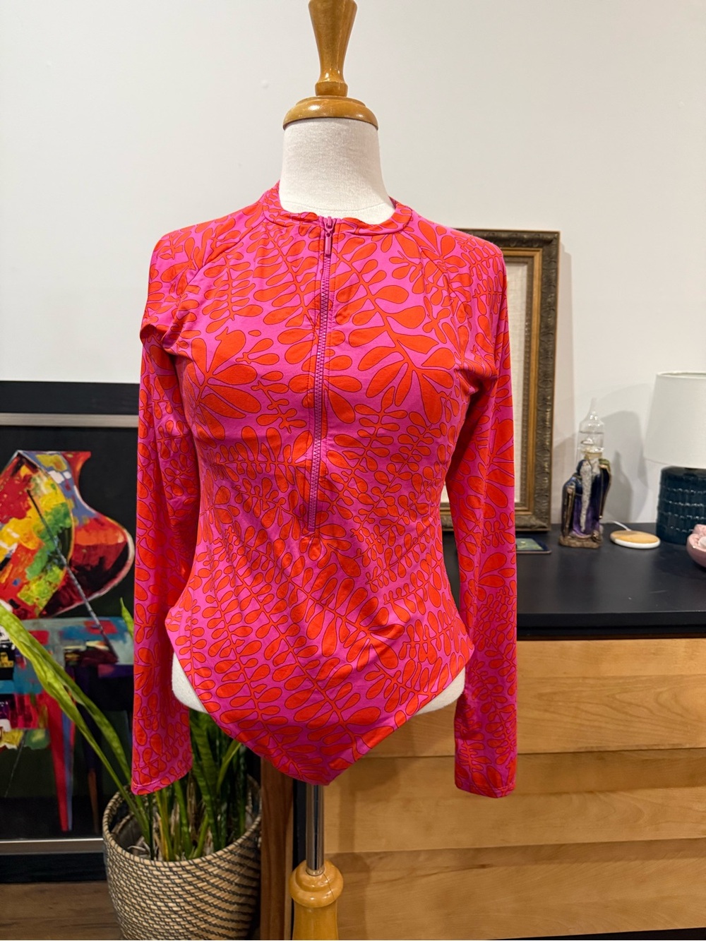 Trina Turk Pink & Red Zip-Front Long Sleeve One-Piece